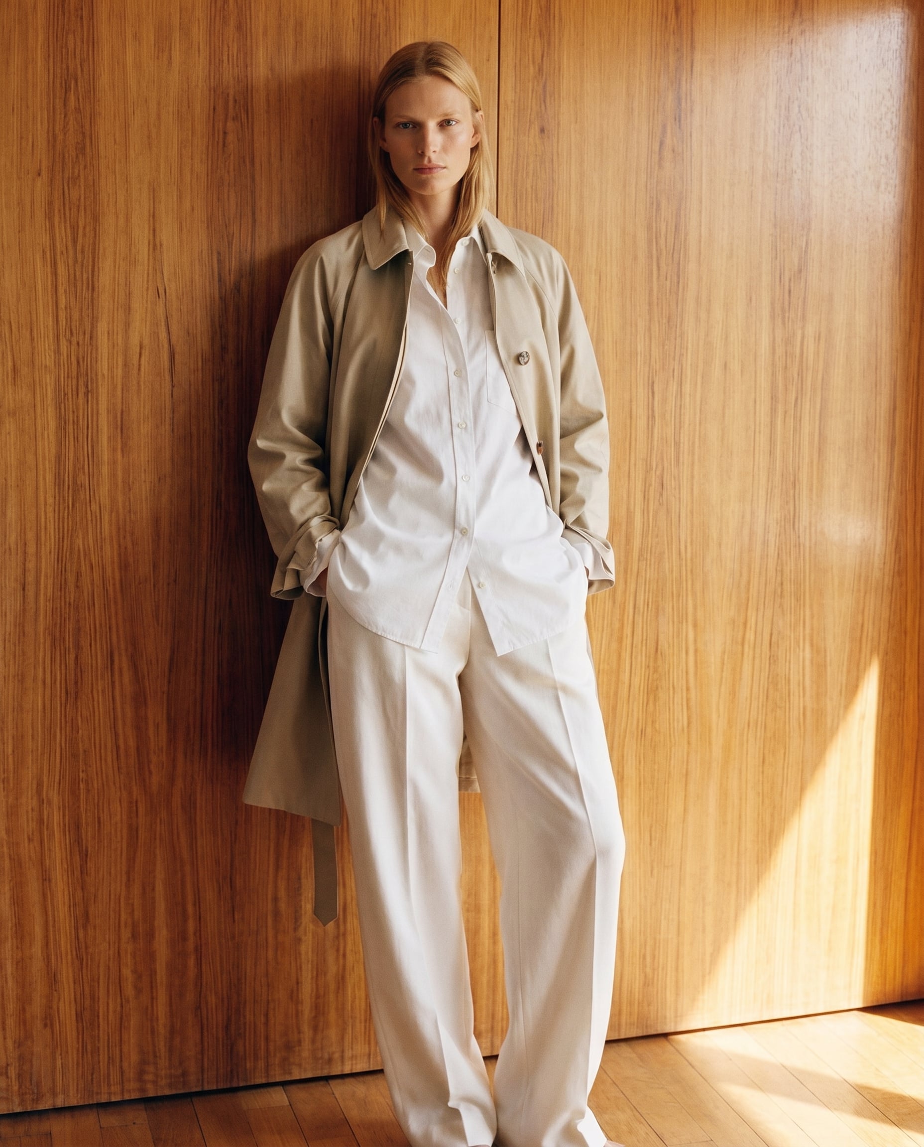 Lifestyle campaign, model against wood panelling